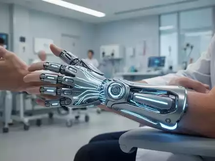 Nahaufnahme eines Arms mit einem modernen Hand-Exoskelett, das feine Leuchtlinien aufweist, die Nervenstimulation andeuten. - Foto: über boerse-global.de