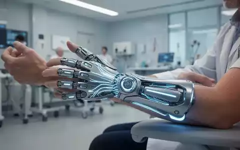 Nahaufnahme eines Arms mit einem modernen Hand-Exoskelett, das feine Leuchtlinien aufweist, die Nervenstimulation andeuten. - Foto: über boerse-global.de