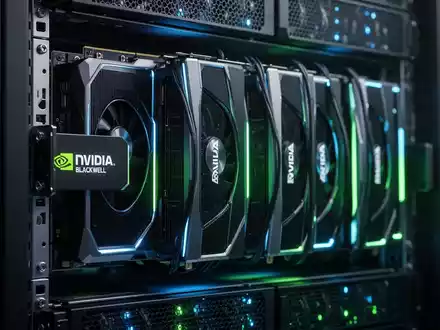NVIDIA Blackwell-Architektur GPUs im Nahaufnahme in einem Data-Center-Serverrack, blau und grün leuchtend. - Foto: über boerse-global.de