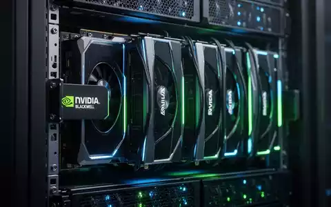 NVIDIA Blackwell-Architektur GPUs im Nahaufnahme in einem Data-Center-Serverrack, blau und grün leuchtend. - Foto: über boerse-global.de