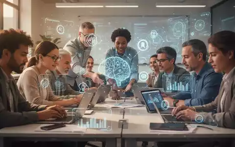 Erwachsene Lernende nutzen Laptops und Tablets in einem modernen Klassenzimmer mit holografischen KI-Elementen. - Foto: über boerse-global.de