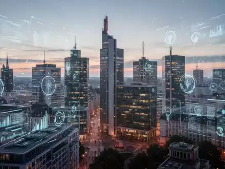 Stilisierte, futuristische deutsche Stadtsilhouette in der Dämmerung mit digitalen Schnittstellen über Gebäuden, die kommunale Digitalisierung symbolisieren. - Foto: über boerse-global.de