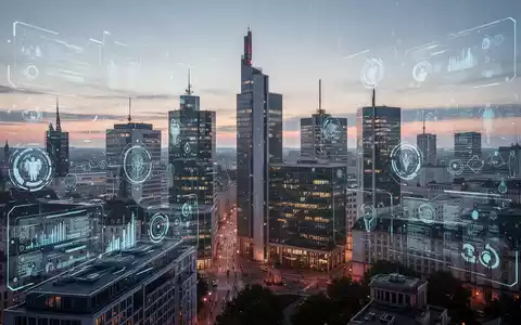 Stilisierte, futuristische deutsche Stadtsilhouette in der Dämmerung mit digitalen Schnittstellen über Gebäuden, die kommunale Digitalisierung symbolisieren. - Foto: über boerse-global.de