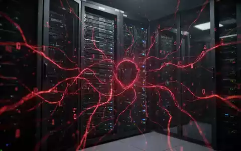 Abstrakte Darstellung digitaler Sicherheitsbedrohungen mit glühenden roten Linien um einen Serverrack, die Datenlecks und Schwachstellen symbolisieren. - Foto: über boerse-global.de