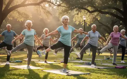 Eine Gruppe Senioren macht draußen in einem Park gemeinsam Gymnastikübungen, die das Gleichgewicht und die Beweglichkeit fördern. - Foto: über boerse-global.de