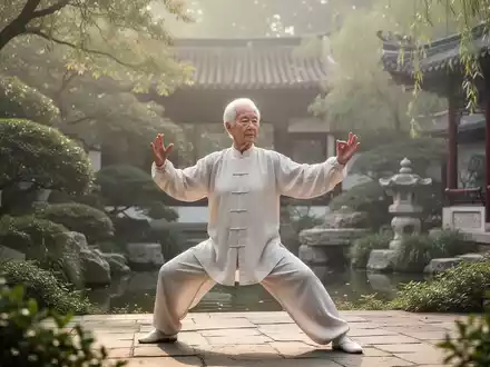 Eine ruhige, ältere Person meditiert oder praktiziert Tai Chi in einem traditionellen chinesischen Garten, umgeben von Grün und sanftem Licht. - Foto: über boerse-global.de