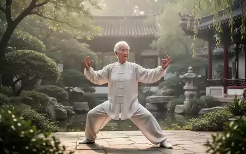 Eine ruhige, ältere Person meditiert oder praktiziert Tai Chi in einem traditionellen chinesischen Garten, umgeben von Grün und sanftem Licht. - Foto: über boerse-global.de