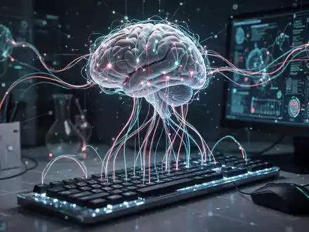 Ein futuristisches Bild, das ein Gehirn mit leuchtenden Linien zeigt, die es mit einer Tastatur verbinden, symbolisiert die Dekodierung von Hirnströmen. - Foto: über boerse-global.de