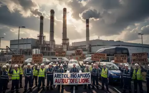 Arbeitnehmer protestieren vor einer großen Automobilfabrik, um auf Werksschließungen und Sozialpläne in der deutschen Industrie aufmerksam zu machen. - Foto: über boerse-global.de