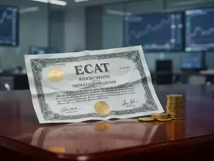 Ein zerknittertes ECAT-Aktienzertifikat liegt auf einem Mahagonischreibtisch neben einem Stapel Goldmünzen in einem Büro. - Foto: über boerse-global.de