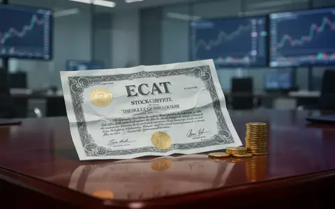 Ein zerknittertes ECAT-Aktienzertifikat liegt auf einem Mahagonischreibtisch neben einem Stapel Goldmünzen in einem Büro. - Foto: über boerse-global.de