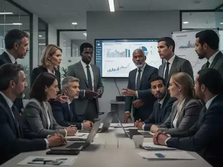 Eine Gruppe von Geschäftsleuten diskutiert in einem modernen Büro, einige betrachten Diagramme auf einem Bildschirm. Fokus auf Zusammenarbeit und Beratung. - Foto: über boerse-global.de