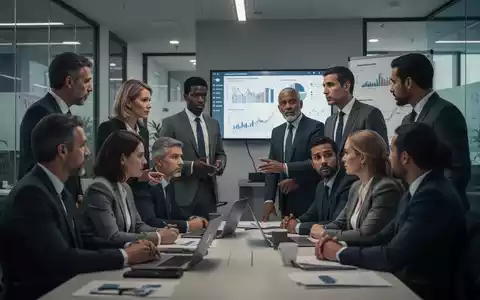 Eine Gruppe von Geschäftsleuten diskutiert in einem modernen Büro, einige betrachten Diagramme auf einem Bildschirm. Fokus auf Zusammenarbeit und Beratung. - Foto: über boerse-global.de