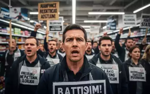 Nahaufnahme von streikenden Arbeitnehmern im Einzelhandel, mit unscharfem Hintergrund eines modernen Supermarkts. Protestschilder sind sichtbar. - Foto: über boerse-global.de