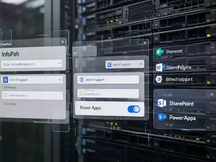 Digitale Oberfläche, die alte InfoPath-Formulare und moderne Power Apps über einem Server-Rack vereint – Symbol für Support-Ende und Übergang. - Foto: über boerse-global.de