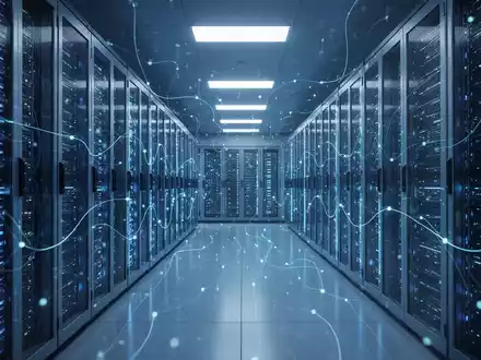 Futuristischer Serverraum mit blauen Leuchten, KI-Servern und digitalen Netzlinien für Datenfluss. - Foto: über boerse-global.de
