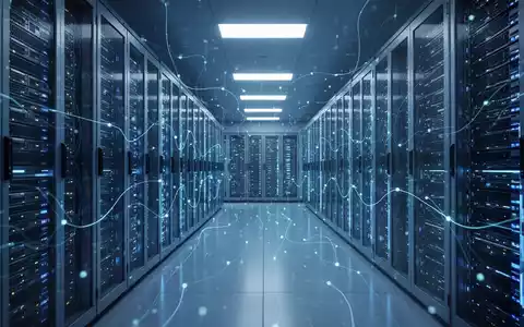 Futuristischer Serverraum mit blauen Leuchten, KI-Servern und digitalen Netzlinien für Datenfluss. - Foto: über boerse-global.de