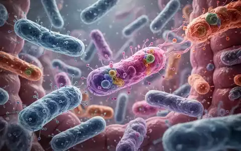 Mikroskopische Darstellung des Darmmikrobioms mit abstrakten Bakterien und Zellstrukturen in lebhaften wissenschaftlichen Farben. - Foto: über boerse-global.de