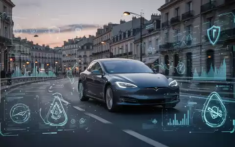 Tesla-Auto auf einer Straße in der Dämmerung mit digitalen Overlays für autonome Fahrdaten und Regulierungssymbole. - Foto: über boerse-global.de