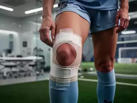 Nahaufnahme des Knies einer Fußballspielerin, die eine Kniebandage trägt, mit verschwommenem Hintergrund eines medizinischen Behandlungsraums. - Foto: über boerse-global.de