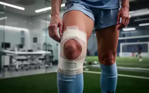 Nahaufnahme des Knies einer Fußballspielerin, die eine Kniebandage trägt, mit verschwommenem Hintergrund eines medizinischen Behandlungsraums. - Foto: über boerse-global.de