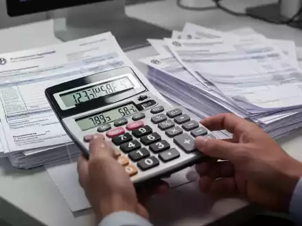 Eine Nahaufnahme einer Hand, die einen Taschenrechner hält, mit einem Stapel Rechnungen und deutschen Steuerdokumenten im Hintergrund. - Foto: über boerse-global.de