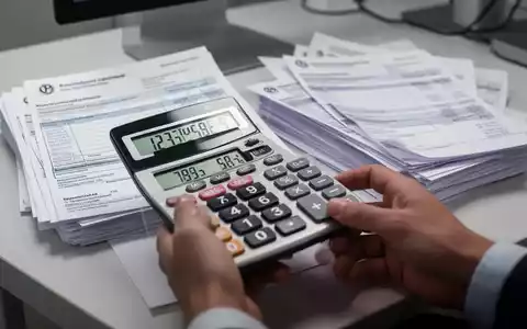 Eine Nahaufnahme einer Hand, die einen Taschenrechner hält, mit einem Stapel Rechnungen und deutschen Steuerdokumenten im Hintergrund. - Foto: über boerse-global.de