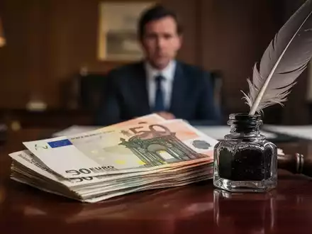 Ein Stapel Euro-Banknoten, ein Tintenfass und eine Feder auf einem Holztisch, im Hintergrund eine besorgte Person. - Foto: über boerse-global.de