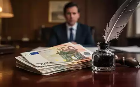 Ein Stapel Euro-Banknoten, ein Tintenfass und eine Feder auf einem Holztisch, im Hintergrund eine besorgte Person. - Foto: über boerse-global.de