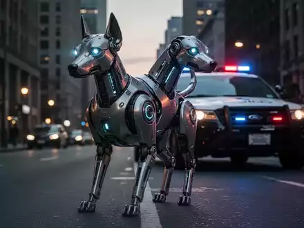 Ein metallischer Roboterhund steht auf einer Stadtstraße, im Hintergrund ein Polizeifahrzeug, Symbol für Technologie in der Strafverfolgung. - Foto: über boerse-global.de