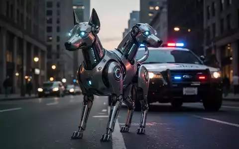 Ein metallischer Roboterhund steht auf einer Stadtstraße, im Hintergrund ein Polizeifahrzeug, Symbol für Technologie in der Strafverfolgung. - Foto: über boerse-global.de
