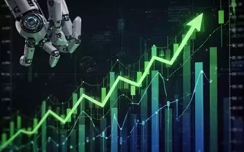 Abstrakte Darstellung eines steigenden Aktienkurses mit Robotik-Elementen und einem Pfeil, der nach oben zeigt, auf einem dunklen Hintergrund. - Foto: über boerse-global.de