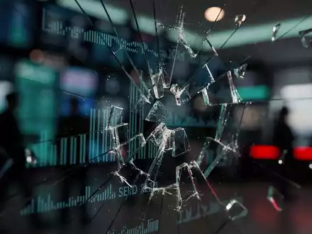Gebrochenes Glas-Aktien-Ticker-Display, das einen 14-prozentigen Absturz zeigt, mit unscharfem Handelssaal im Hintergrund. - Foto: über boerse-global.de