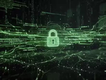 Grün leuchtende Codezeilen und Datenströme auf dunklem, digitalem Hintergrund, symbolisieren Cybersicherheit und gehärtetes Linux-Betriebssystem. Ein dezentes Vorhängeschloss ist in den Datenstrom integriert. - Foto: über boerse-global.de