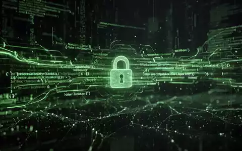 Grün leuchtende Codezeilen und Datenströme auf dunklem, digitalem Hintergrund, symbolisieren Cybersicherheit und gehärtetes Linux-Betriebssystem. Ein dezentes Vorhängeschloss ist in den Datenstrom integriert. - Foto: über boerse-global.de