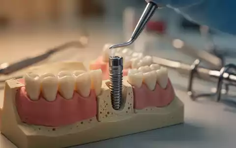Nahaufnahme eines Zahnimplantats, das in ein Kiefermodell eingesetzt wird, mit medizinischen Instrumenten im Hintergrund. - Foto: über boerse-global.de