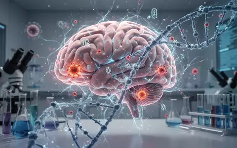 Abstrakte Darstellung eines Gehirns mit leuchtenden neuronalen Netzen und DNA-Strängen, symbolisiert Forschung zu Alzheimer und Genetik. - Foto: über boerse-global.de