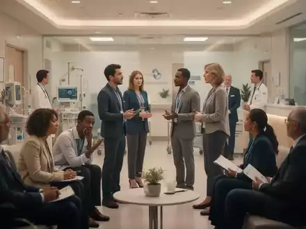 Eine Gruppe von Menschen in einem modernen Krankenhausumfeld, die sich unterhalten. Symbolisiert Patientenkommunikation und medizinische Information. - Foto: über boerse-global.de