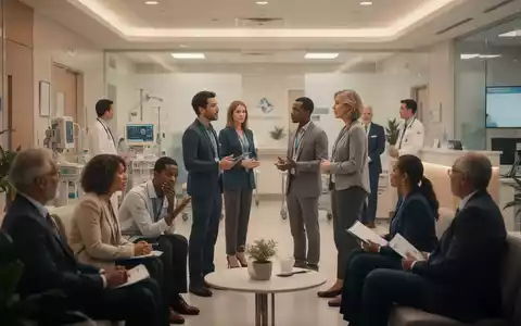 Eine Gruppe von Menschen in einem modernen Krankenhausumfeld, die sich unterhalten. Symbolisiert Patientenkommunikation und medizinische Information. - Foto: über boerse-global.de