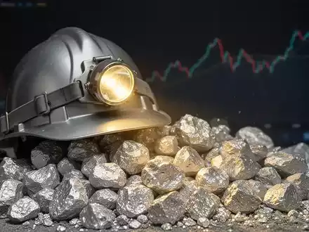 Ein silberner Bergbauhelm mit Stirnlampe auf einem Haufen rohem Silbererz, mit angedeutetem positivem Finanzchart im Hintergrund. - Foto: über boerse-global.de