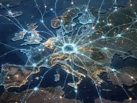 Glühendes blaues und goldenes digitales Netzwerk über einer stilisierten Europakarte, das digitale Souveränität und technologische Unabhängigkeit symbolisiert. - Foto: über boerse-global.de
