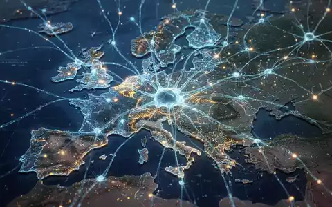 Glühendes blaues und goldenes digitales Netzwerk über einer stilisierten Europakarte, das digitale Souveränität und technologische Unabhängigkeit symbolisiert. - Foto: über boerse-global.de