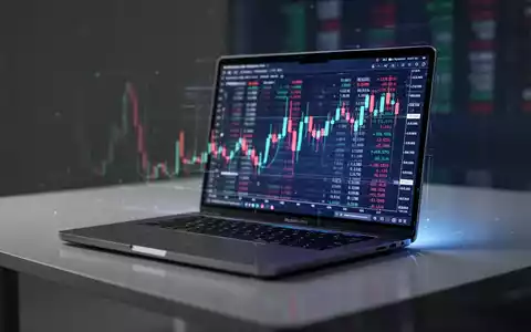Schlankes, modernes Laptop (ähnlich MacBook Pro) offen auf minimalistischem Schreibtisch, Bildschirm zeigt unscharfen Finanzchart. - Foto: über boerse-global.de
