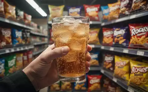 Eine Hand hält ein Glas mit einem zuckerhaltigen Getränk. Im unscharfen Hintergrund sind ungesunde Snacks zu sehen. - Foto: über boerse-global.de