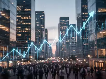 Ein stilisierter, aufwärts gerichteter Börsengraph in leuchtendem Blau, überlagert mit einer unscharfen Finanzmetropole bei Dämmerung. - Foto: über boerse-global.de