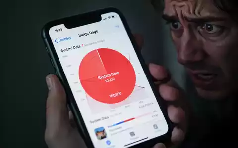 iPhone-Bildschirm zeigt Speichergrafik mit großem rotem Balken 'Systemdaten' über 100 GB, gehalten von frustriertem Nutzer. - Foto: über boerse-global.de