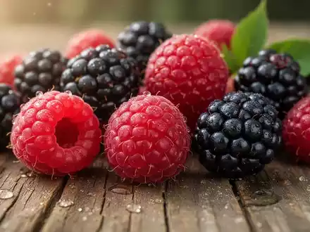 Nahaufnahme von frischen, reifen Himbeeren und Brombeeren auf einer Holzoberfläche, die im sanften Licht glänzen. - Foto: über boerse-global.de