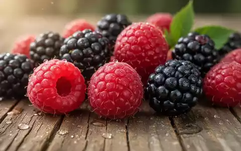 Nahaufnahme von frischen, reifen Himbeeren und Brombeeren auf einer Holzoberfläche, die im sanften Licht glänzen. - Foto: über boerse-global.de