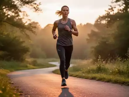 Eine Person joggt langsam auf einem Weg im Freien, die Morgensonne scheint durch Bäume. Fokus auf Bewegung und Natur. - Foto: über boerse-global.de
