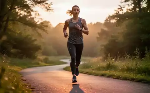 Eine Person joggt langsam auf einem Weg im Freien, die Morgensonne scheint durch Bäume. Fokus auf Bewegung und Natur. - Foto: über boerse-global.de